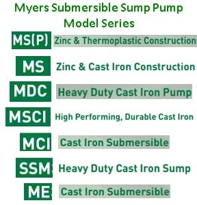 Myers Sump Pump Model Series include the MSP, MS, MSCI, MCI, SSM, ME, MDC Submersible Sump Pump Series. Here they are. 